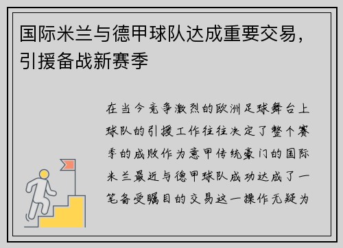 国际米兰与德甲球队达成重要交易，引援备战新赛季