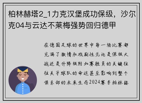 柏林赫塔2_1力克汉堡成功保级，沙尔克04与云达不莱梅强势回归德甲