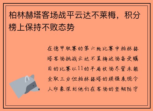 柏林赫塔客场战平云达不莱梅，积分榜上保持不败态势