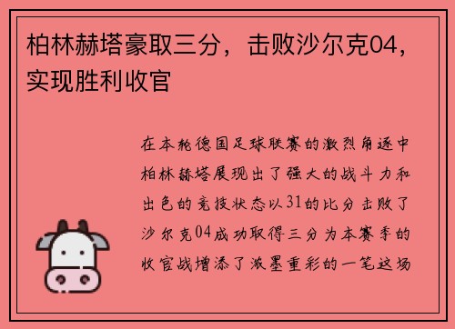 柏林赫塔豪取三分，击败沙尔克04，实现胜利收官