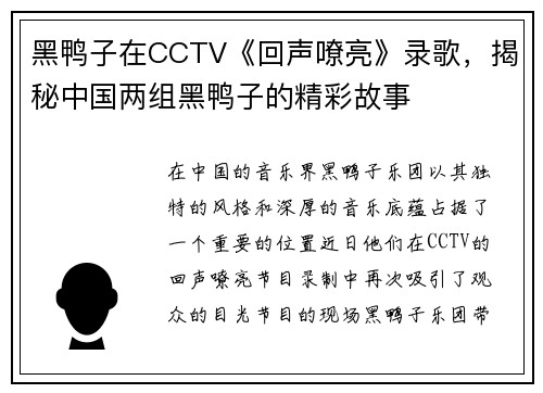 黑鸭子在CCTV《回声嘹亮》录歌，揭秘中国两组黑鸭子的精彩故事