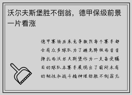 沃尔夫斯堡胜不倒翁，德甲保级前景一片看涨