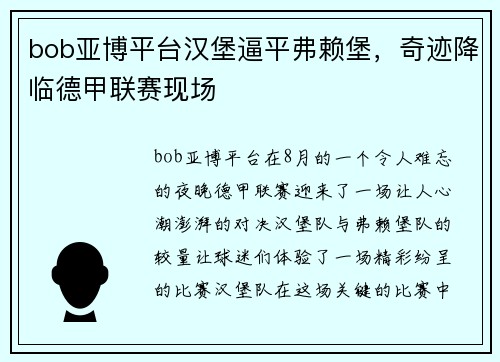 bob亚博平台汉堡逼平弗赖堡，奇迹降临德甲联赛现场